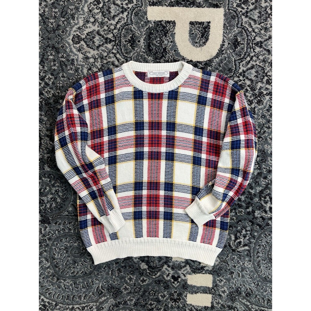VTG John Ashford Plaid Sweater Men L Cotton Golf 80's Checkered Crew Y2K flaw